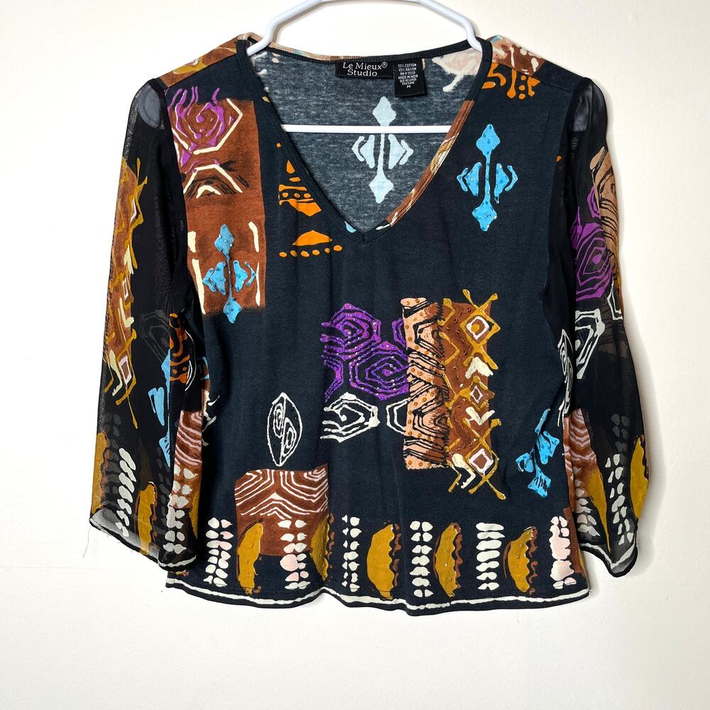 Le Mieux Studio Artsy Eclectic Top M Black V-Neck 3/4 Sleeve Abstract Print